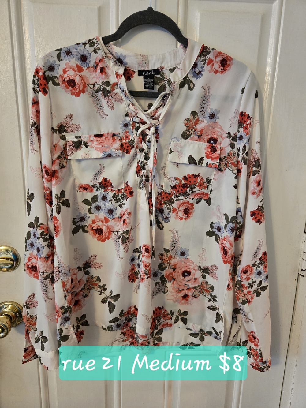Rue21 White Floral Lace-Up Blouse with Pink Roses